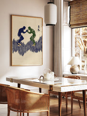 Japanese wall art print of two stylized martial arts wrestlers in blue and green on a beige textured background. - Image 2