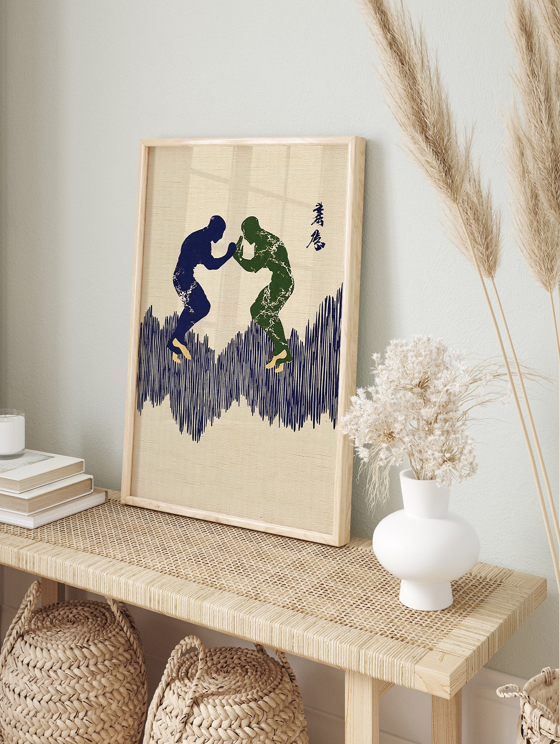 Japanese wall art print of two stylized martial arts wrestlers in blue and green on a beige textured background. - Image 3
