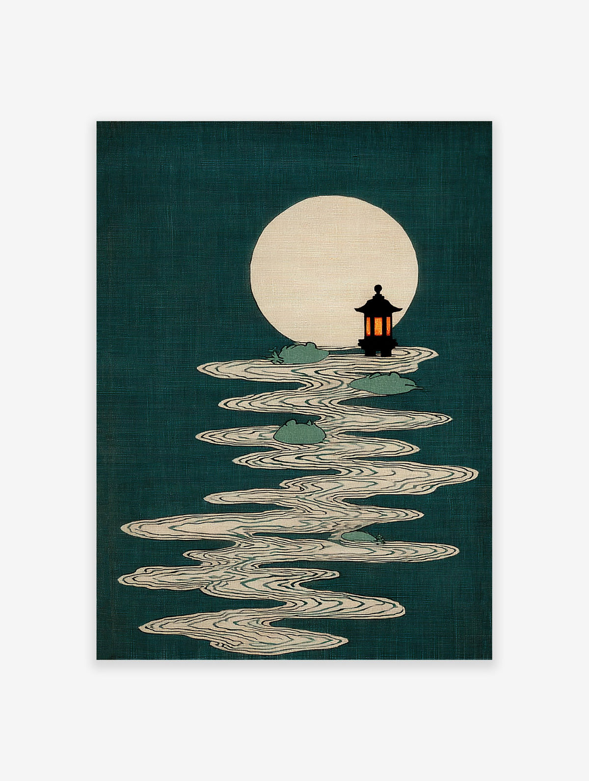 Japanese Wall Art print of a full moon, traditional lantern, and stylized water ripples with lily pads on a dark teal background.