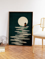 Japanese Wall Art print of a full moon, traditional lantern, and stylized water ripples with lily pads on a dark teal background. - Image 2