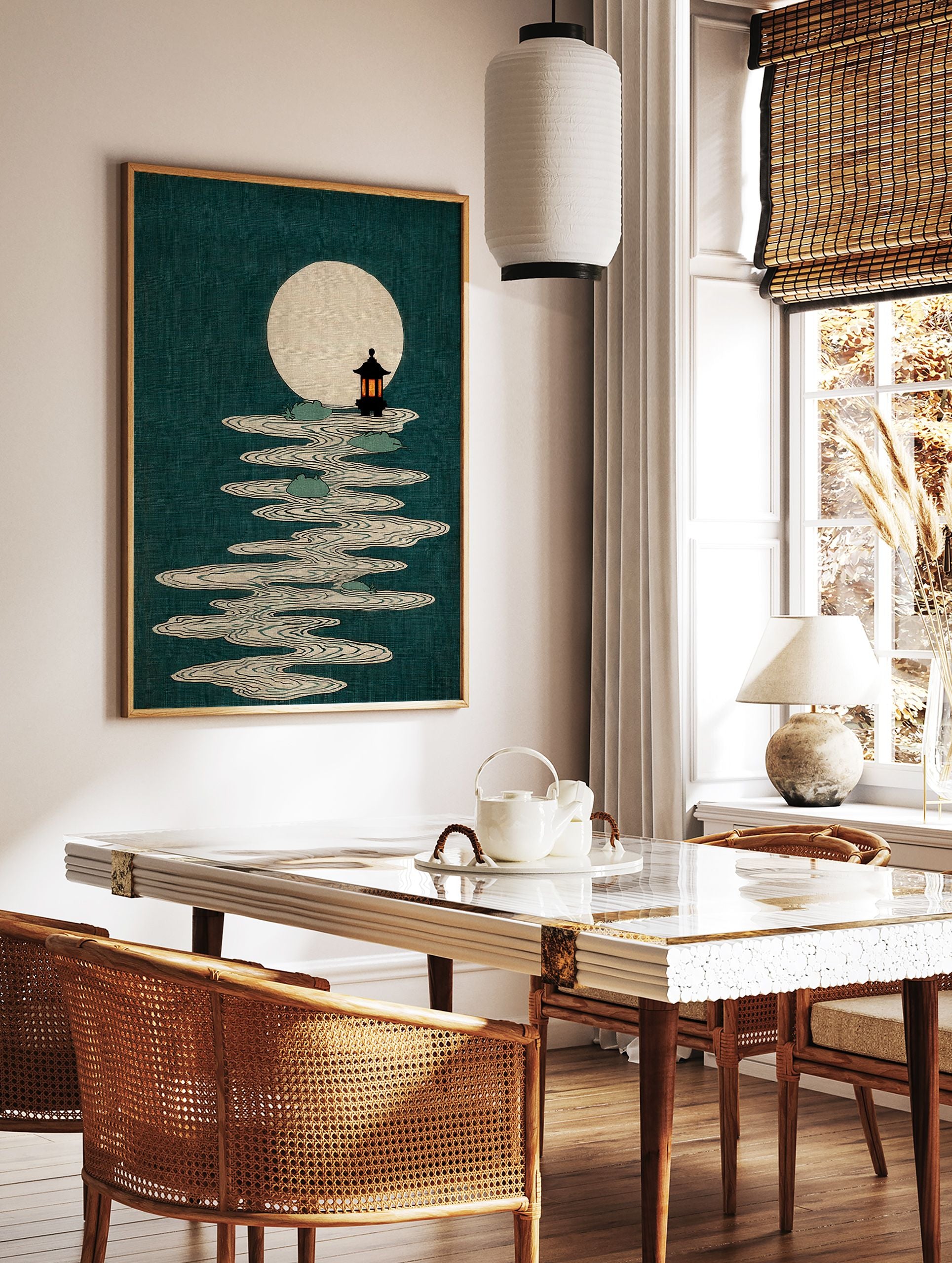 Japanese Wall Art print of a full moon, traditional lantern, and stylized water ripples with lily pads on a dark teal background. - Image 3