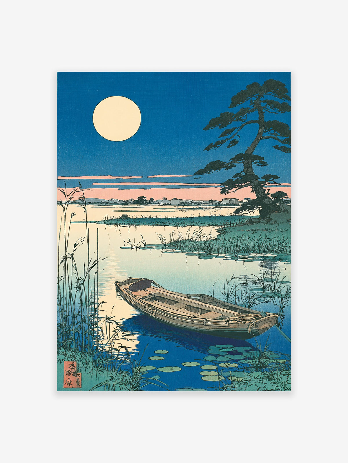Japanese woodblock print of a full moon over a lake with a boat, reeds, and a pine tree in a serene landscape.