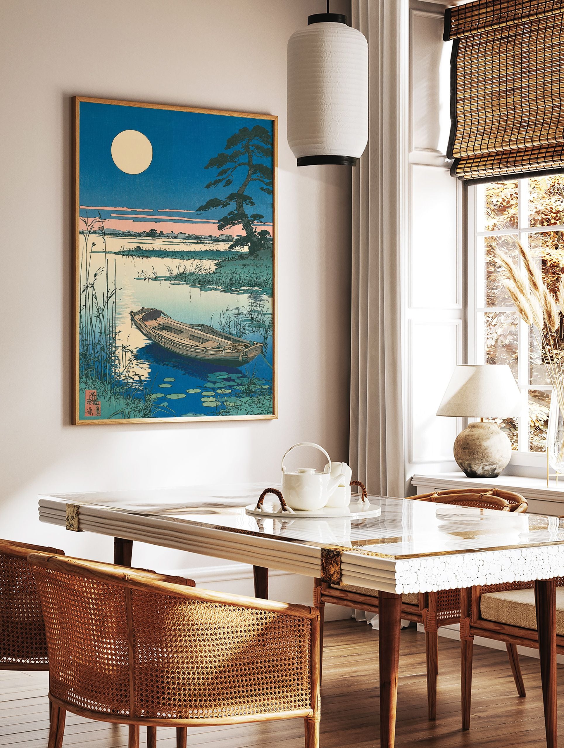 Japanese woodblock print of a full moon over a lake with a boat, reeds, and a pine tree in a serene landscape. - Image 3