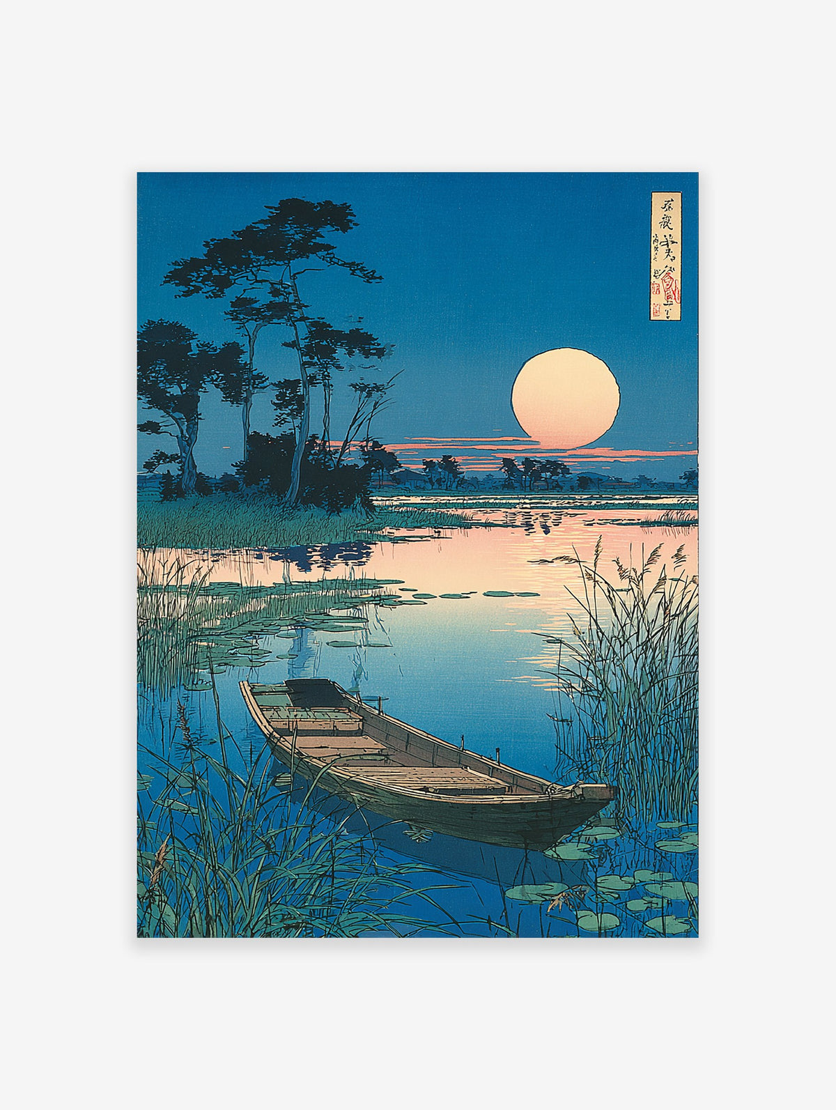 Japanese Ukiyo-e style wall art print featuring a serene moonlit landscape with a boat on a calm lake and tall reeds.
