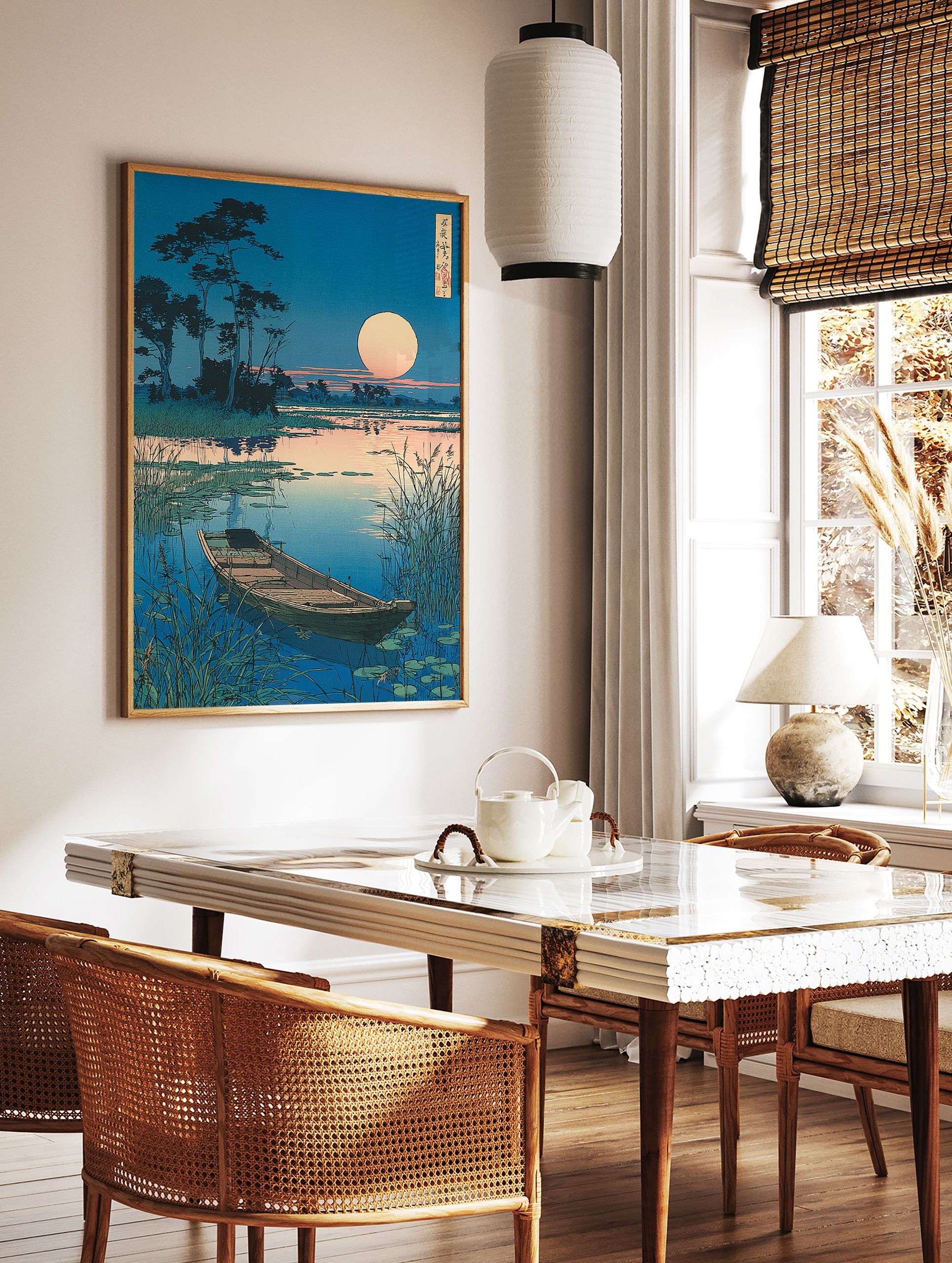 Japanese Ukiyo-e style wall art print featuring a serene moonlit landscape with a boat on a calm lake and tall reeds. - Image 3