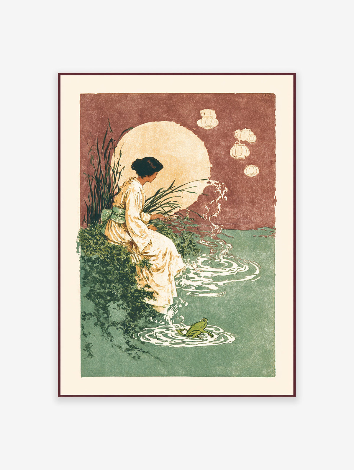 Japanese wall art print of a woman in a kimono by a moonlit pond with a frog and floating lanterns.