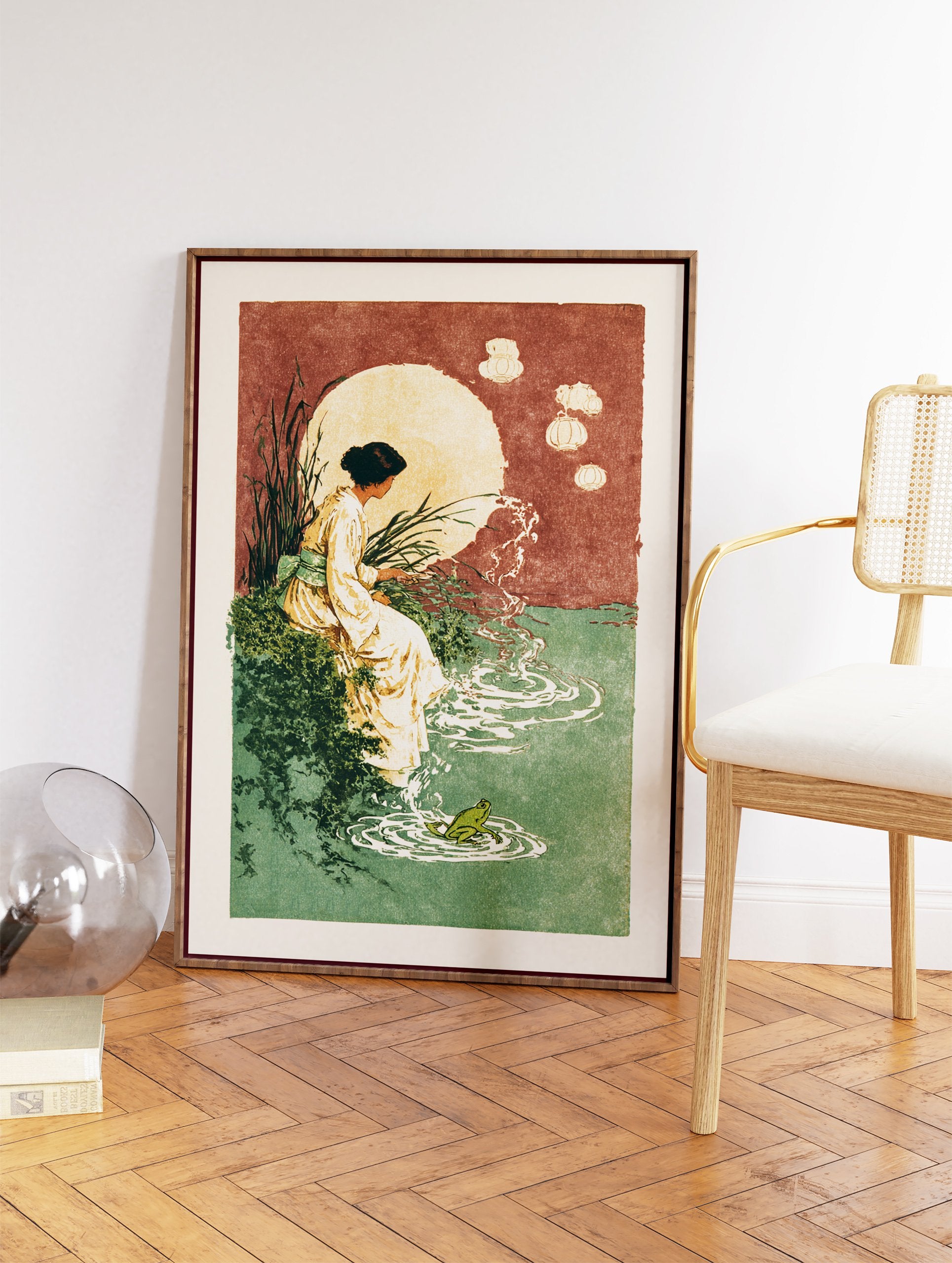 Japanese wall art print of a woman in a kimono by a moonlit pond with a frog and floating lanterns. - Image 2