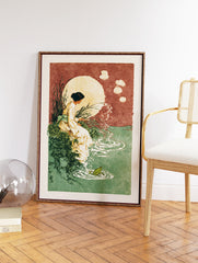 Japanese wall art print of a woman in a kimono by a moonlit pond with a frog and floating lanterns. - Image 2