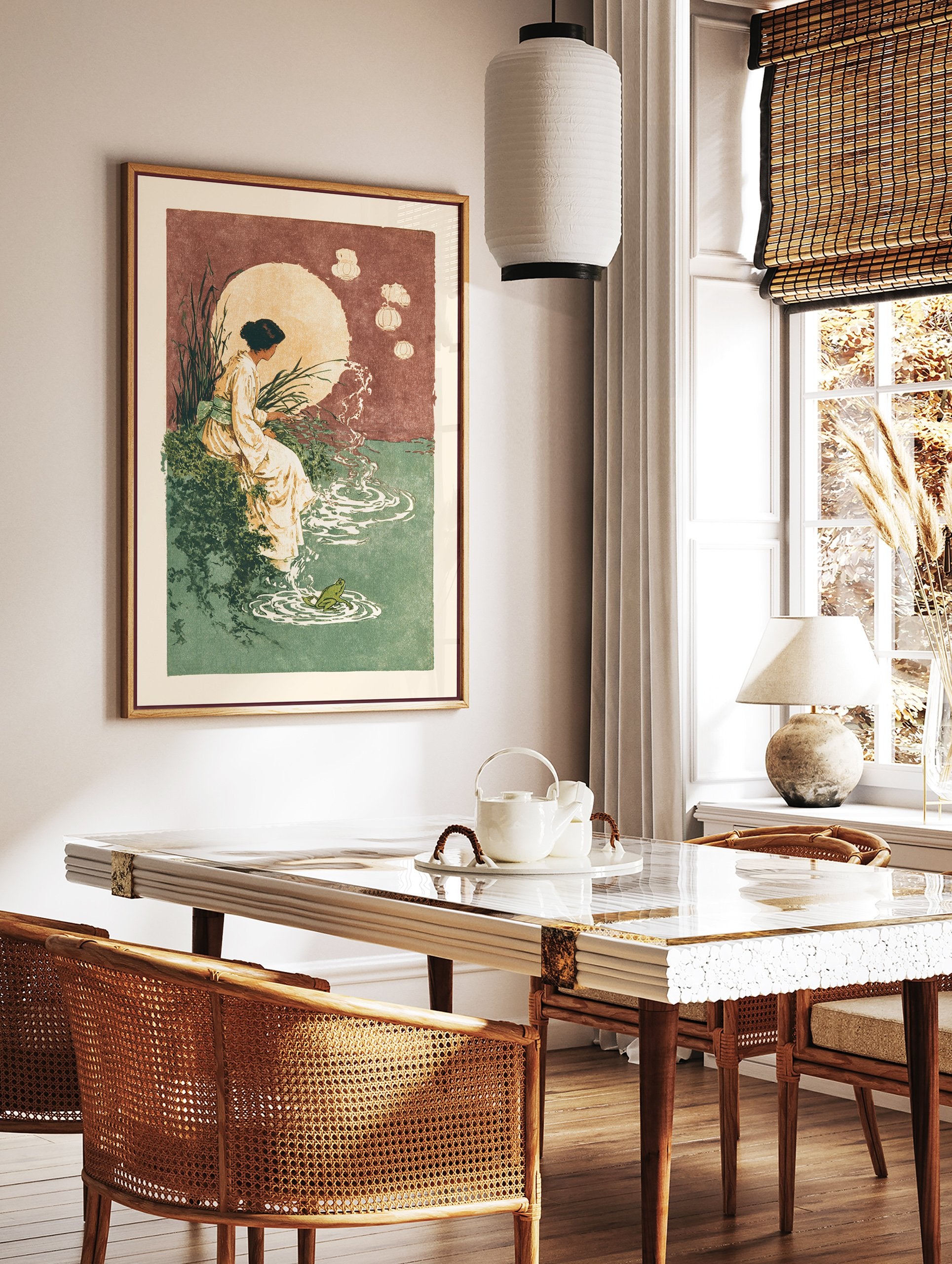 Japanese wall art print of a woman in a kimono by a moonlit pond with a frog and floating lanterns. - Image 3