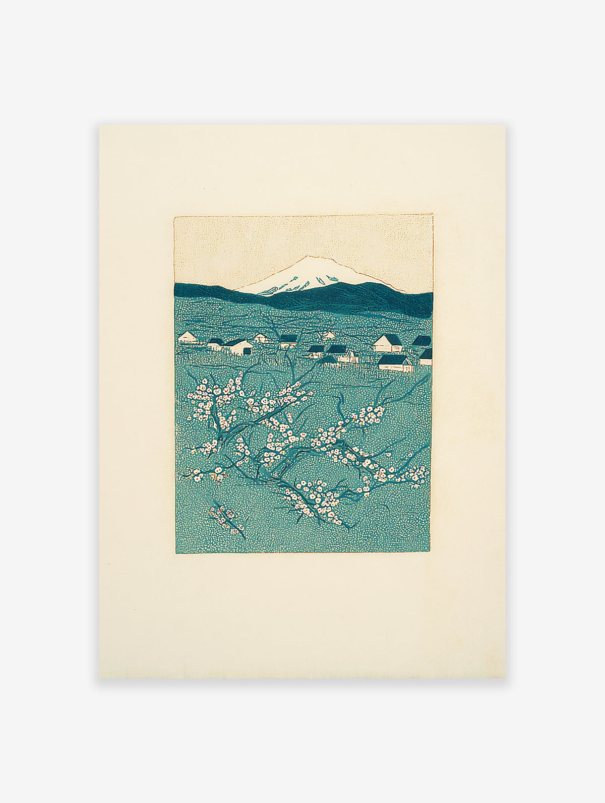 Japanese woodblock print of Mount Fuji, a village, and cherry blossoms in teal and white.