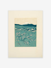 Japanese woodblock print of Mount Fuji, a village, and cherry blossoms in teal and white.