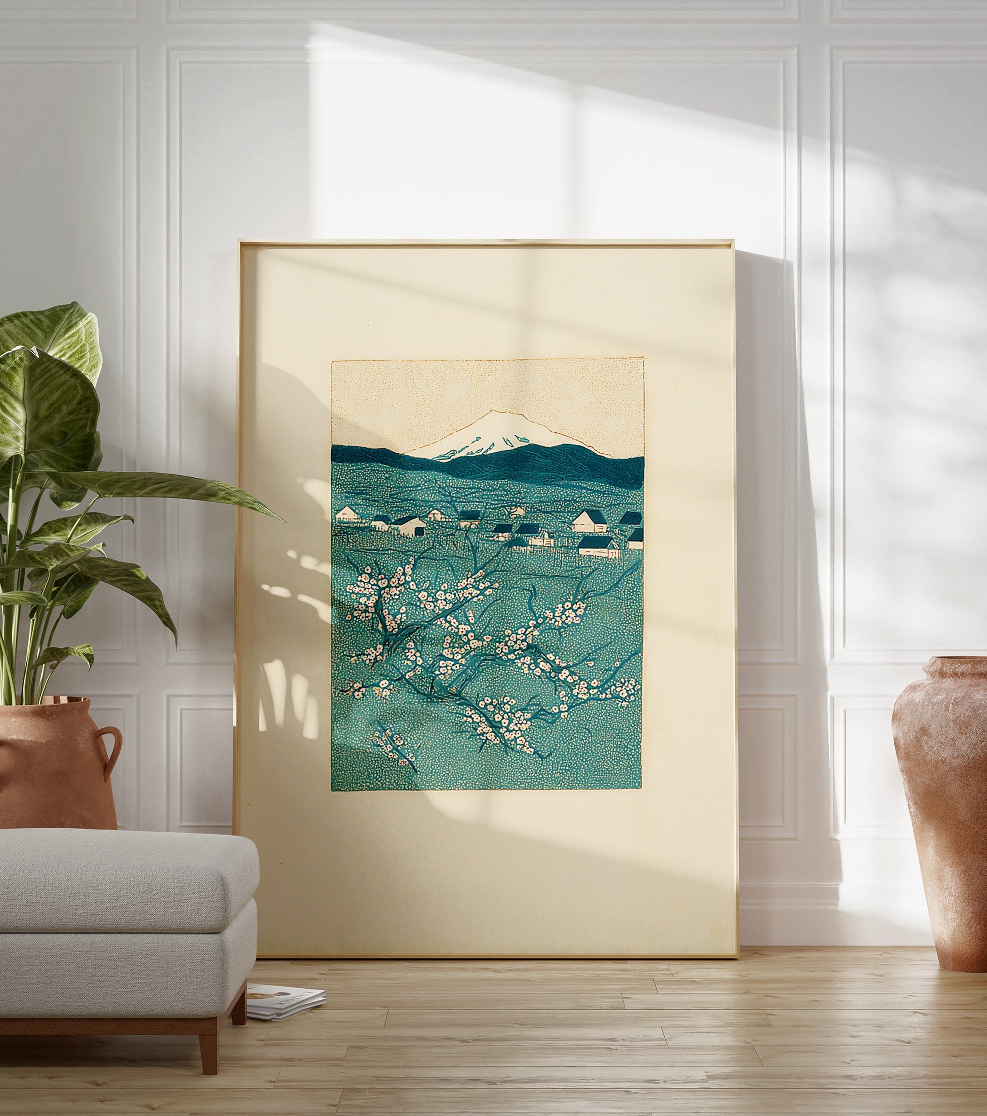 Japanese woodblock print of Mount Fuji, a village, and cherry blossoms in teal and white. - Image 3