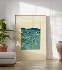Japanese woodblock print of Mount Fuji, a village, and cherry blossoms in teal and white. - Image 3