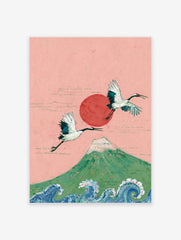 Japanese wall art featuring two majestic cranes flying over Mount Fuji with a red sun and ocean waves, on a pink background.