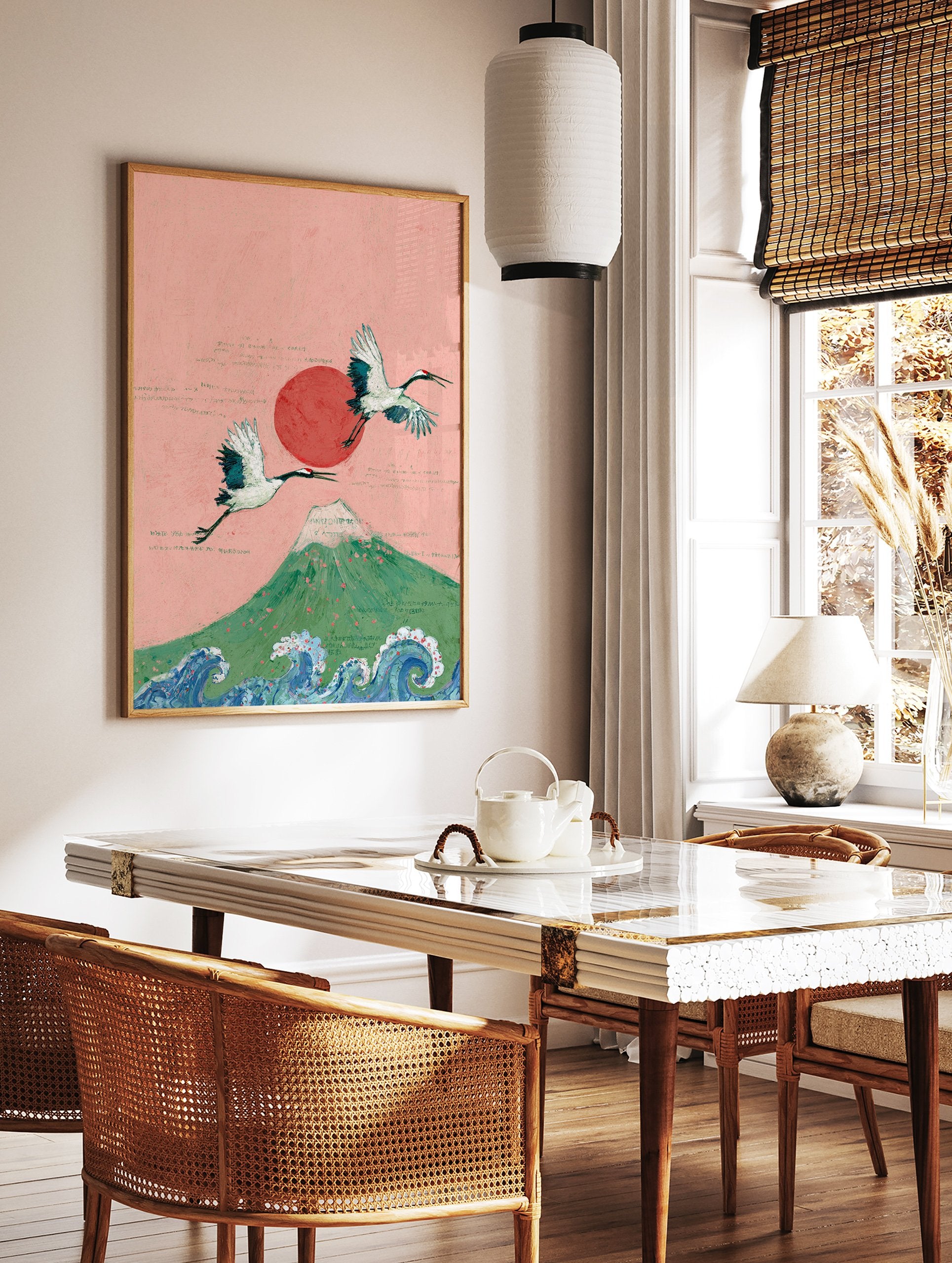 Japanese wall art featuring two majestic cranes flying over Mount Fuji with a red sun and ocean waves, on a pink background. - Image 2