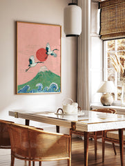 Japanese wall art featuring two majestic cranes flying over Mount Fuji with a red sun and ocean waves, on a pink background. - Image 2