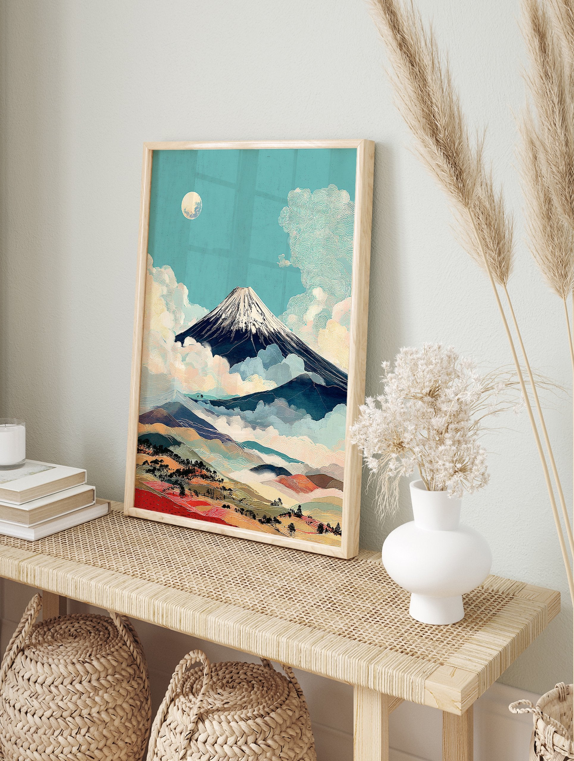 Japanese Mount Fuji wall art print with snow-capped peak, moon, clouds, and colorful rolling hills landscape - Image 3