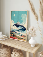 Japanese Mount Fuji wall art print with snow-capped peak, moon, clouds, and colorful rolling hills landscape - Image 3