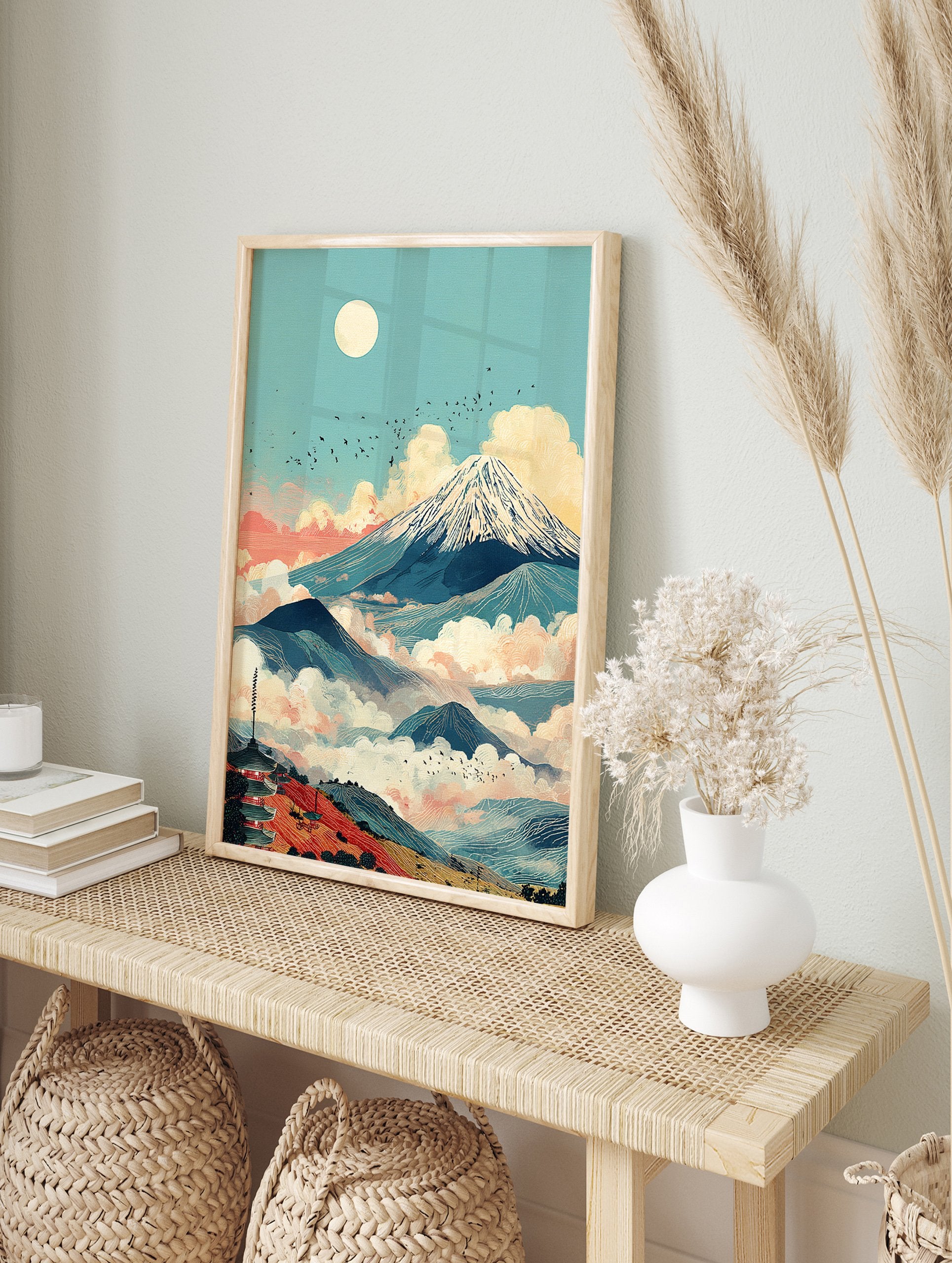 Japanese wall art print of Mount Fuji, a pagoda, a full moon, and birds flying over clouds and mountains in Ukiyo-e style. - Image 3