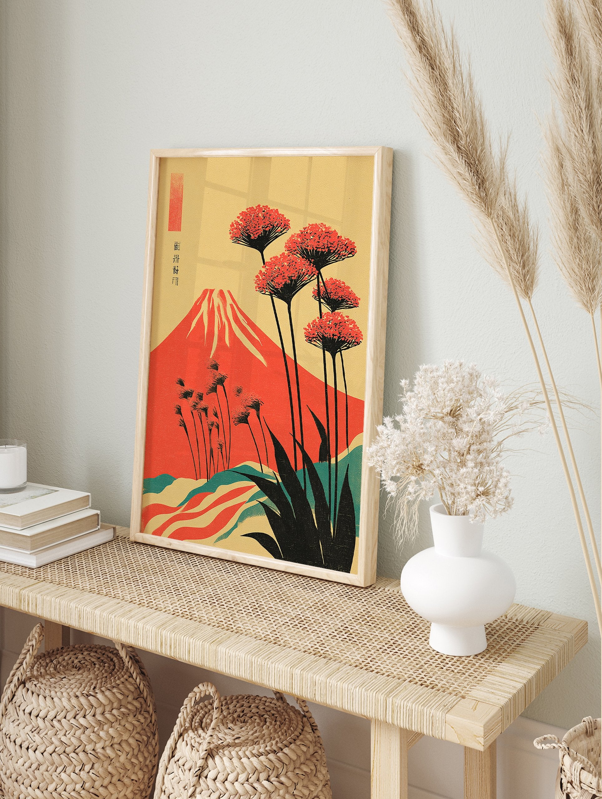 Japanese Wall Art print with red Mount Fuji, stylized red flowers, and teal hills on a yellow background, Ukiyo-e style. - Image 3