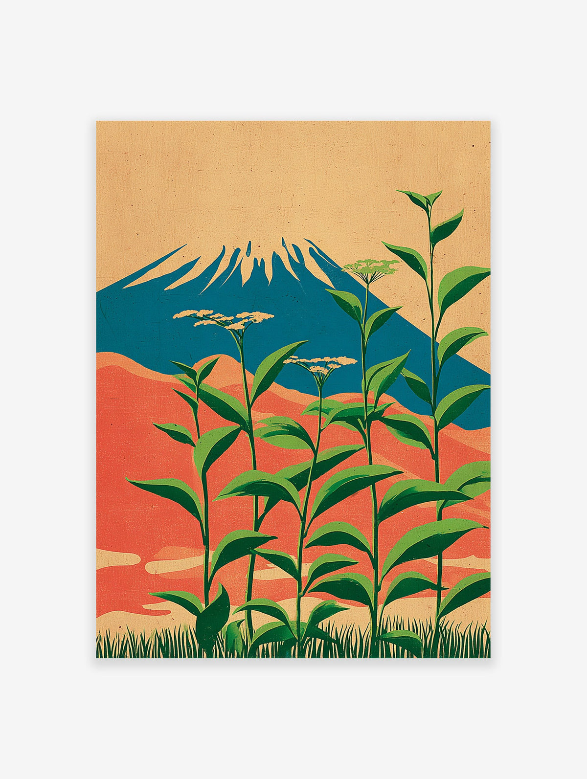 Japanese wall art print of Mount Fuji, blue mountain, red hills, tall green plants with white flowers, beige sky, grassy foreground.