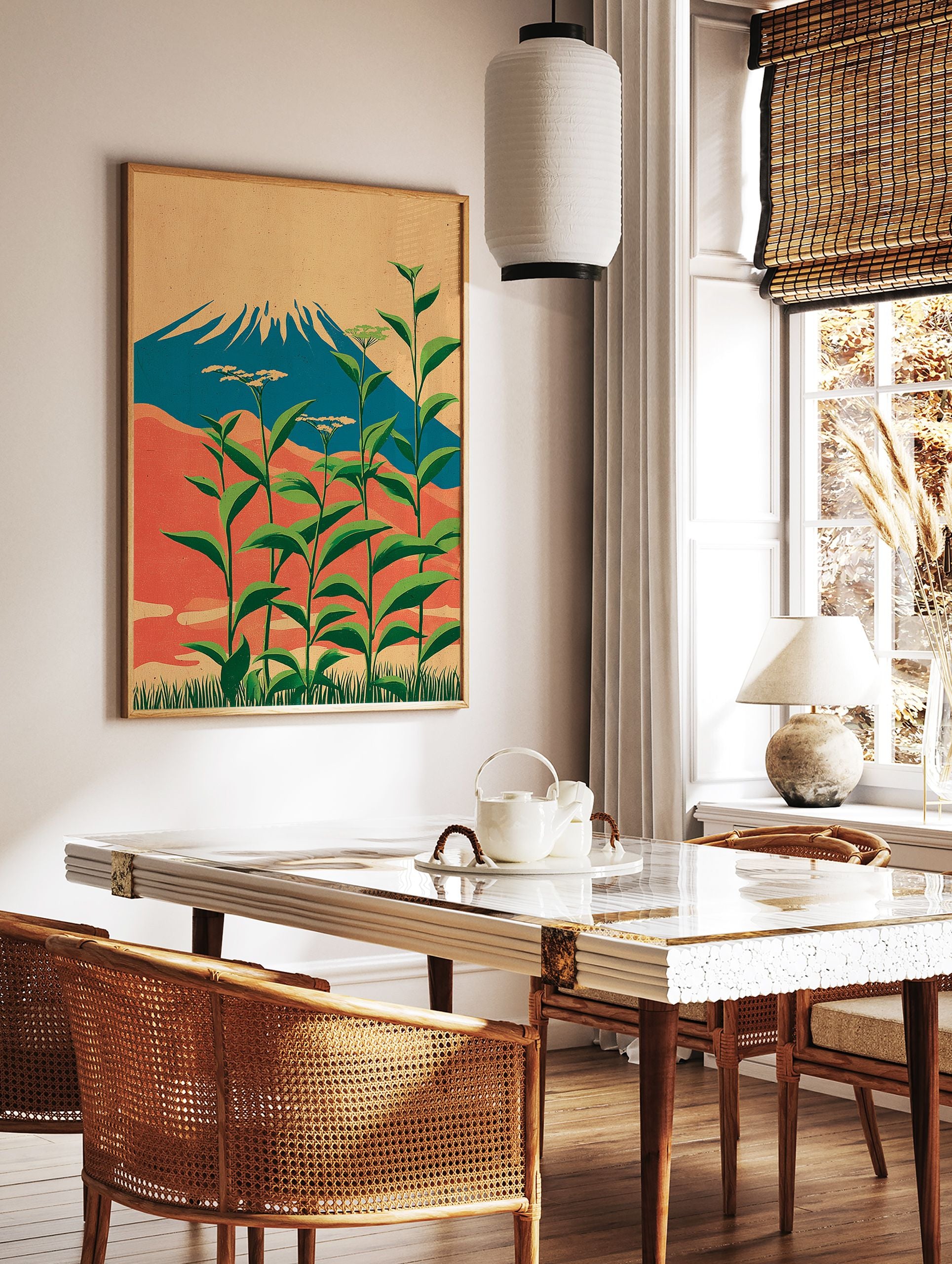 Japanese wall art print of Mount Fuji, blue mountain, red hills, tall green plants with white flowers, beige sky, grassy foreground. - Image 2