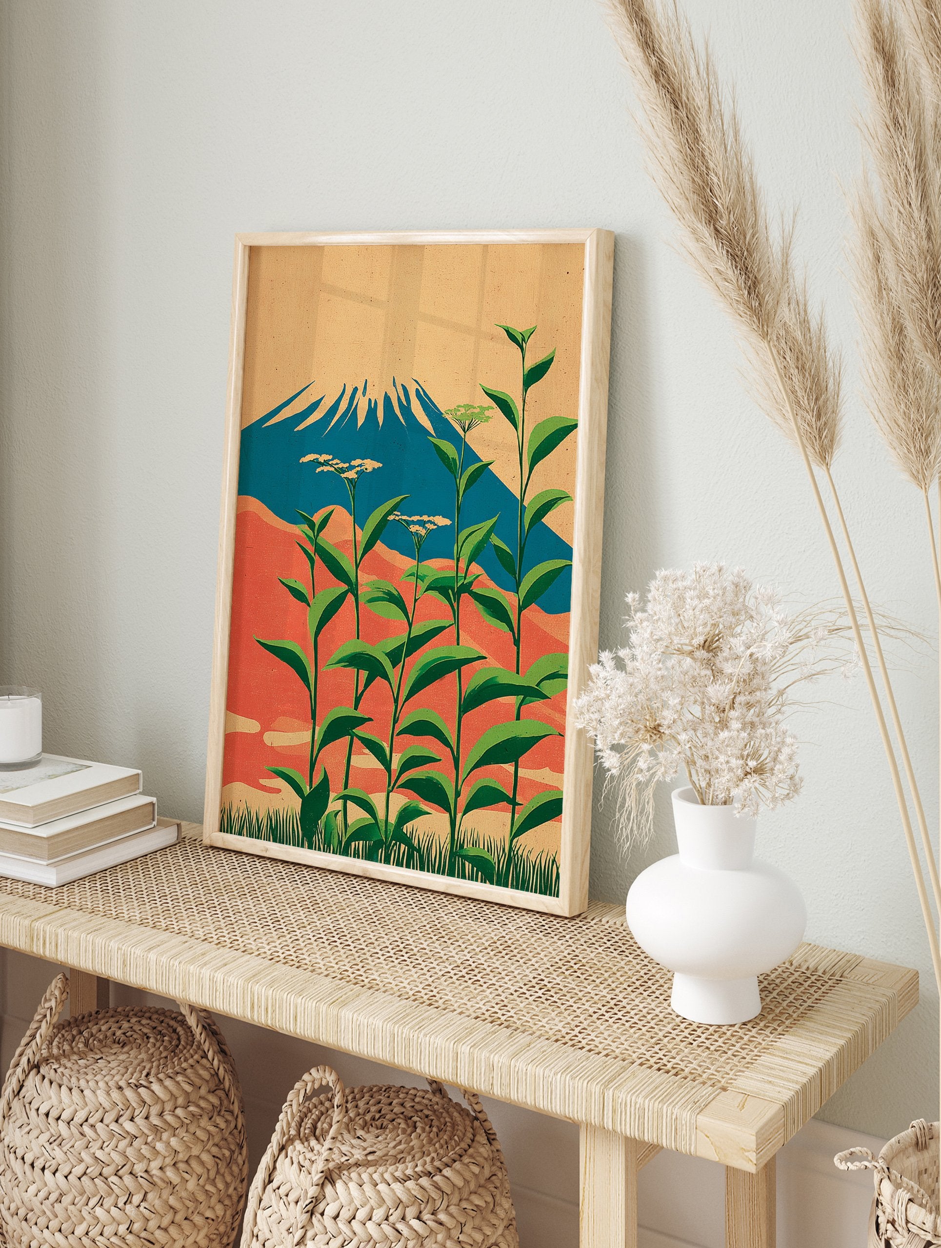 Japanese wall art print of Mount Fuji, blue mountain, red hills, tall green plants with white flowers, beige sky, grassy foreground. - Image 3