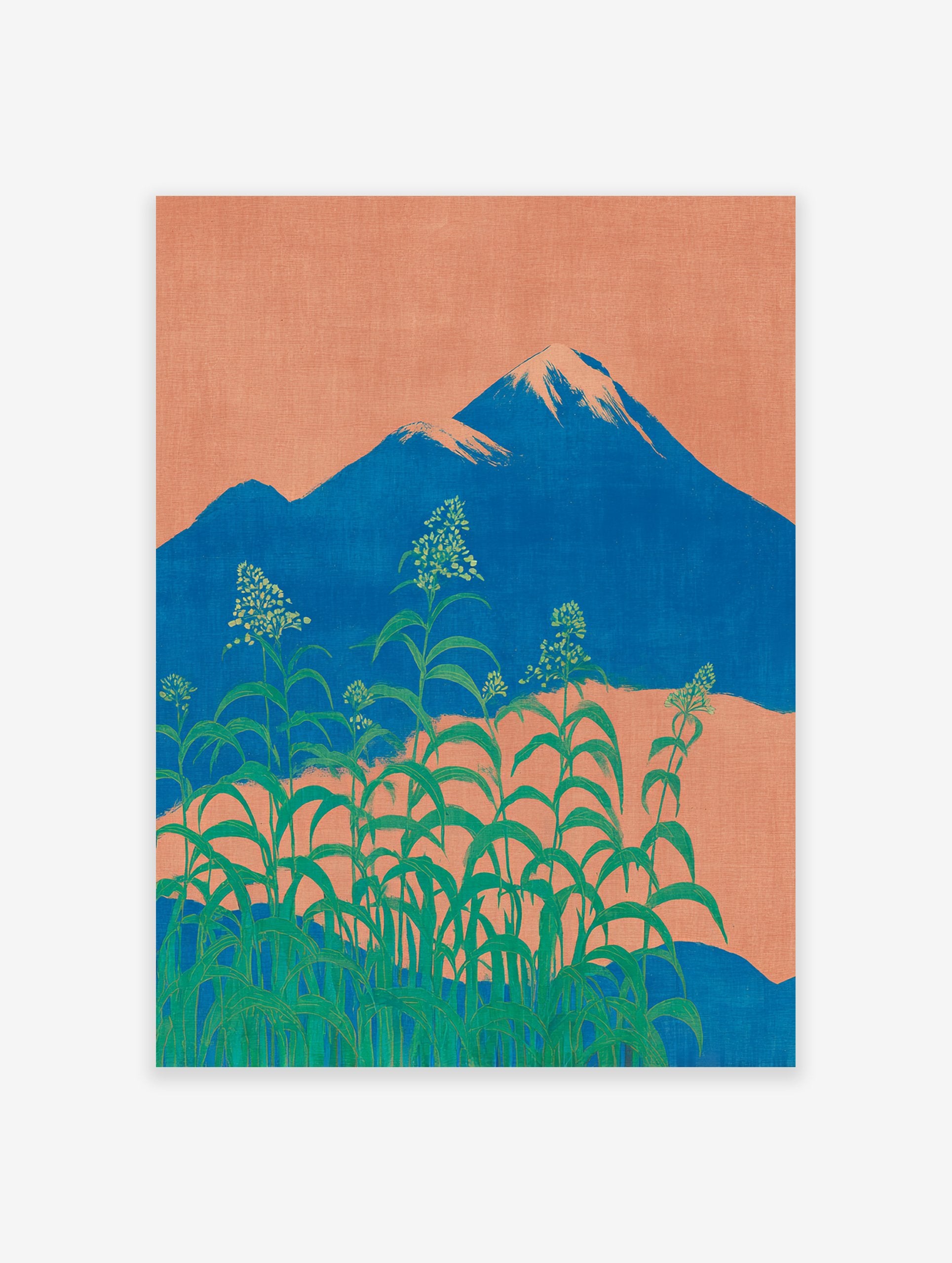 Japanese wall art depicting Mount Fuji, an orange sky, and lush green botanical plants with small white flowers in the foreground.