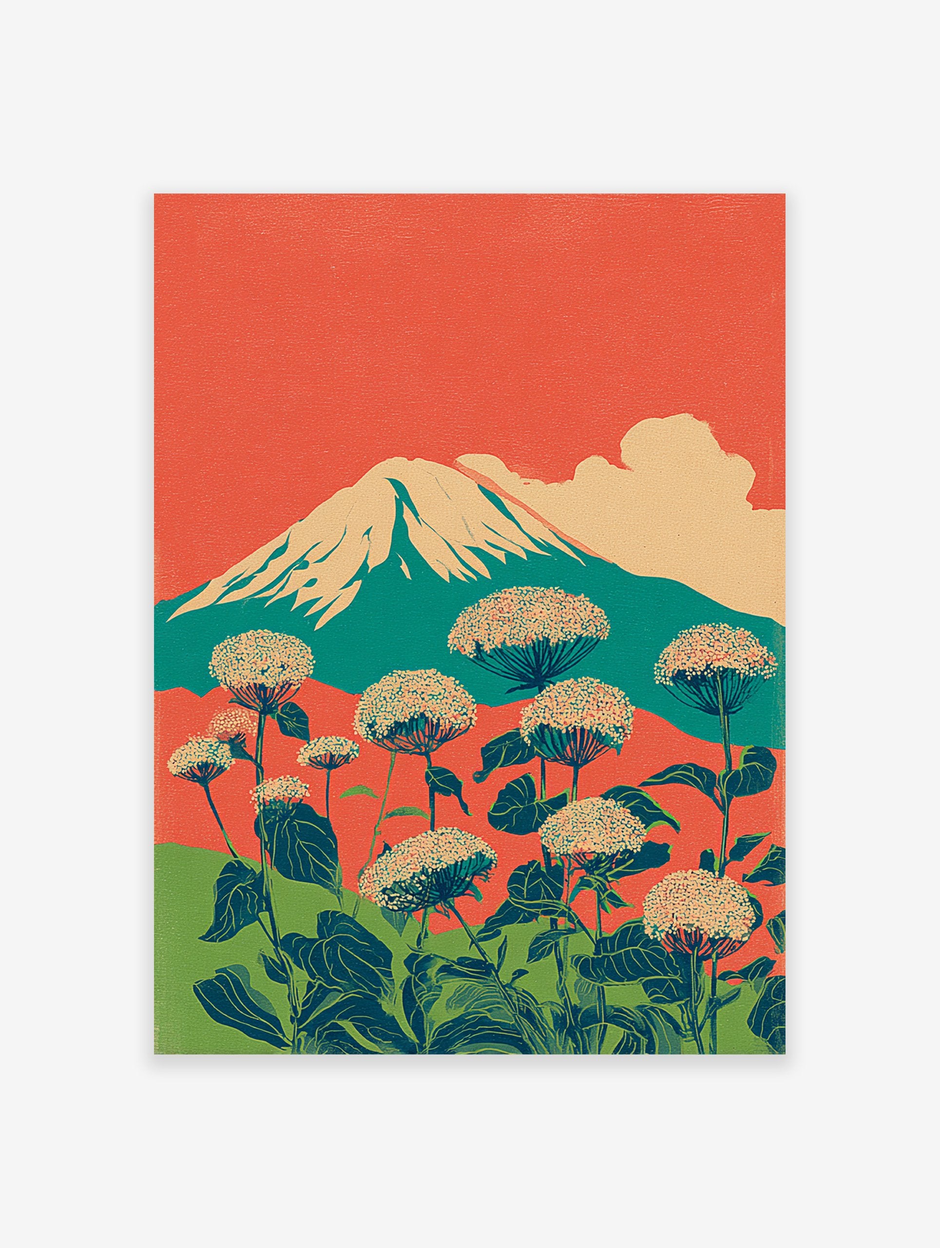 Japanese wall art print with Mount Fuji, a prominent cloud, and large white botanical flowers in the foreground.