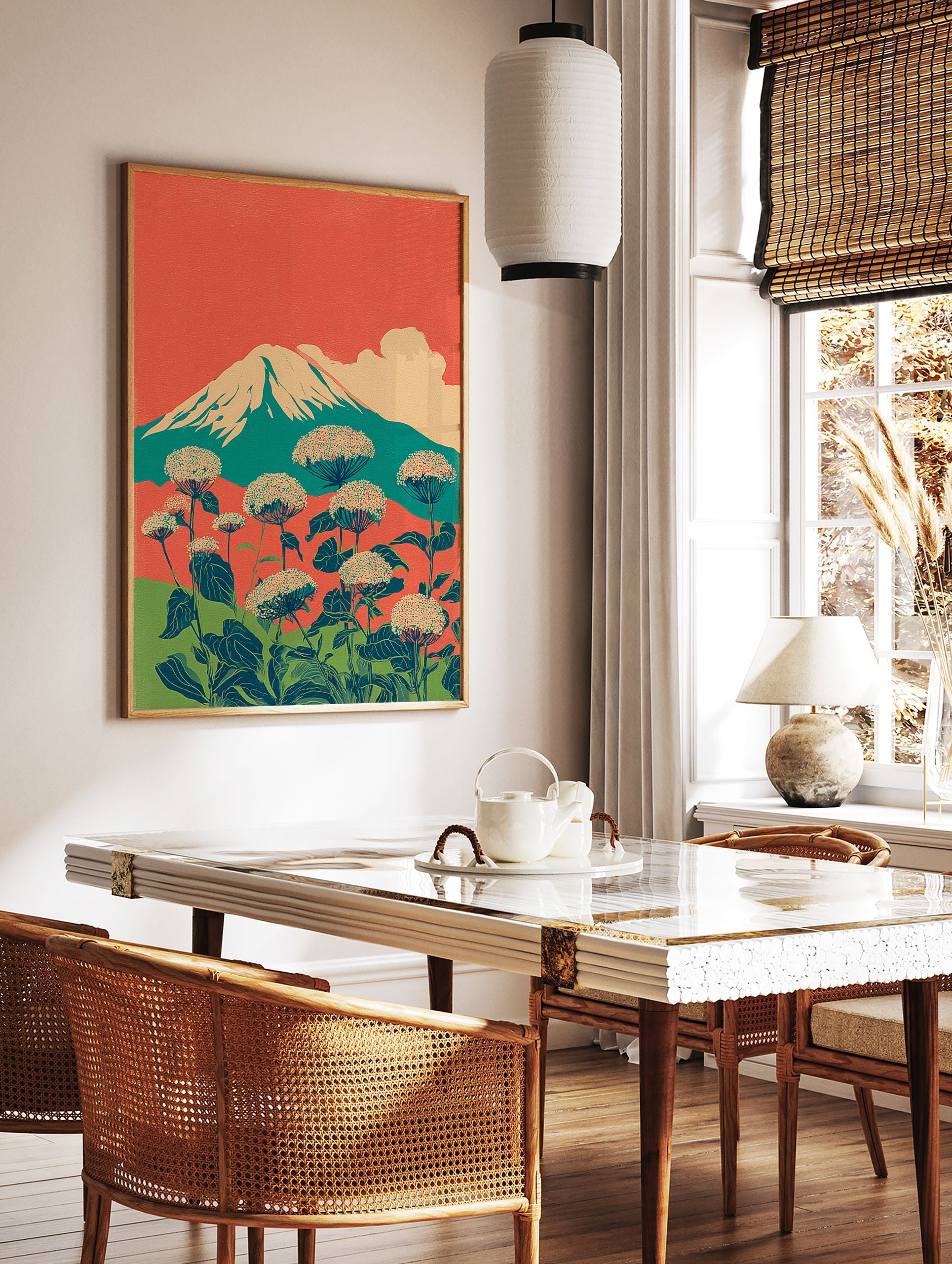 Japanese wall art print with Mount Fuji, a prominent cloud, and large white botanical flowers in the foreground. - Image 2