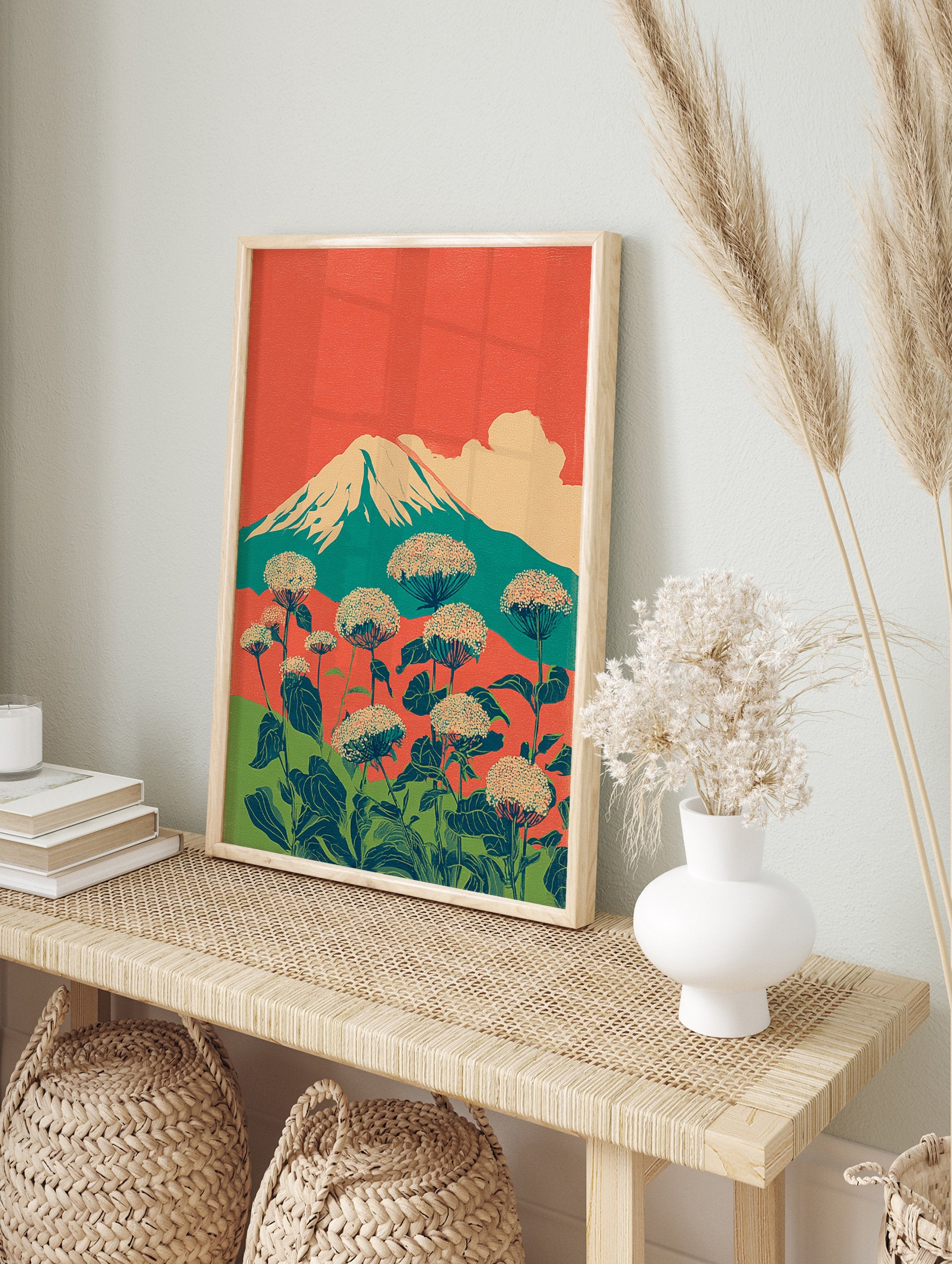 Japanese wall art print with Mount Fuji, a prominent cloud, and large white botanical flowers in the foreground. - Image 3