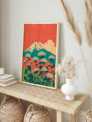 Japanese wall art print with Mount Fuji, a prominent cloud, and large white botanical flowers in the foreground. - Image 3