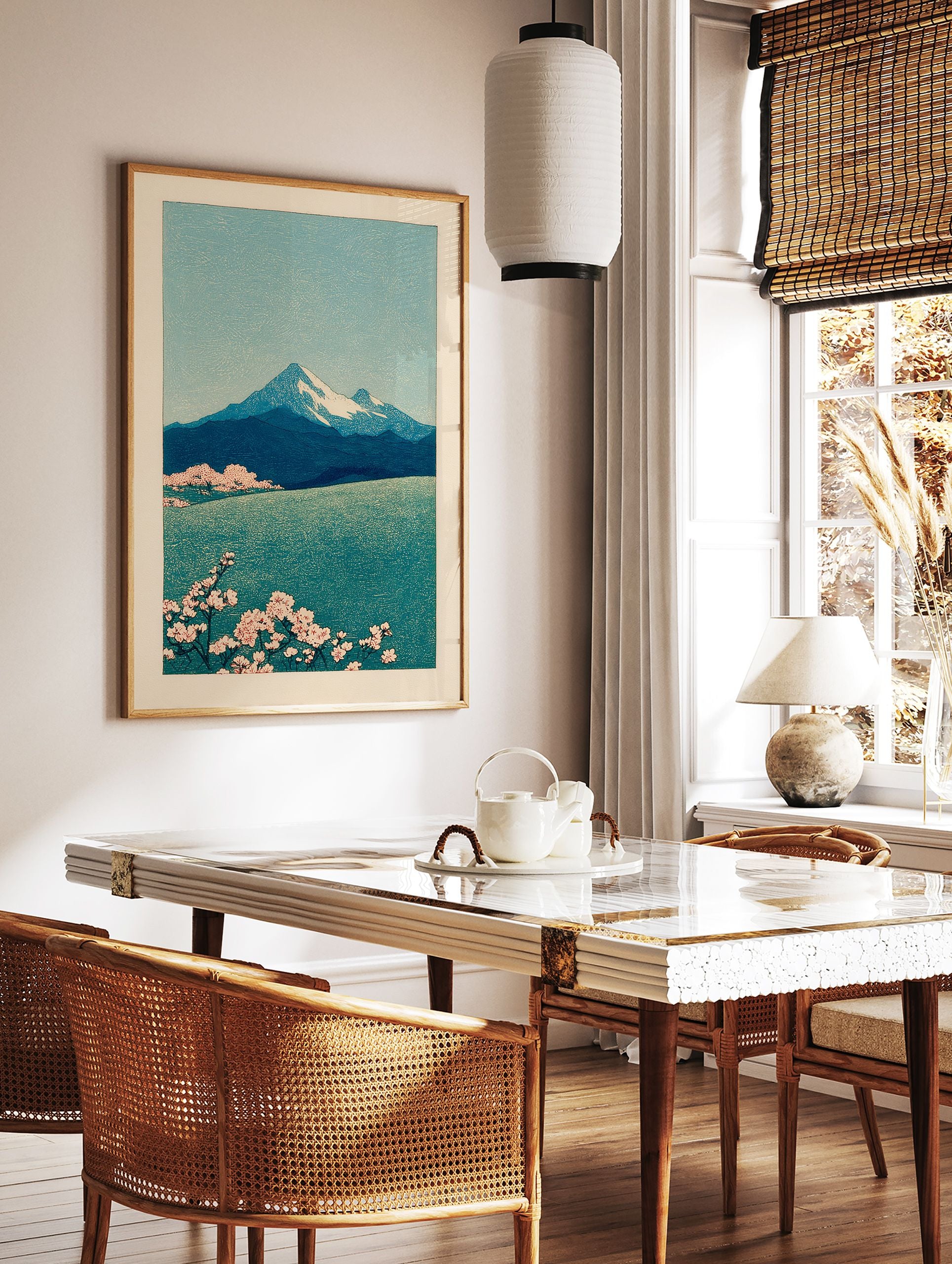 Japanese landscape wall art featuring Mount Fuji, a lake, and pink cherry blossoms in a traditional woodblock print style. - Image 2