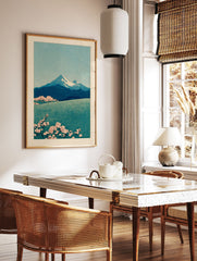 Japanese landscape wall art featuring Mount Fuji, a lake, and pink cherry blossoms in a traditional woodblock print style. - Image 2