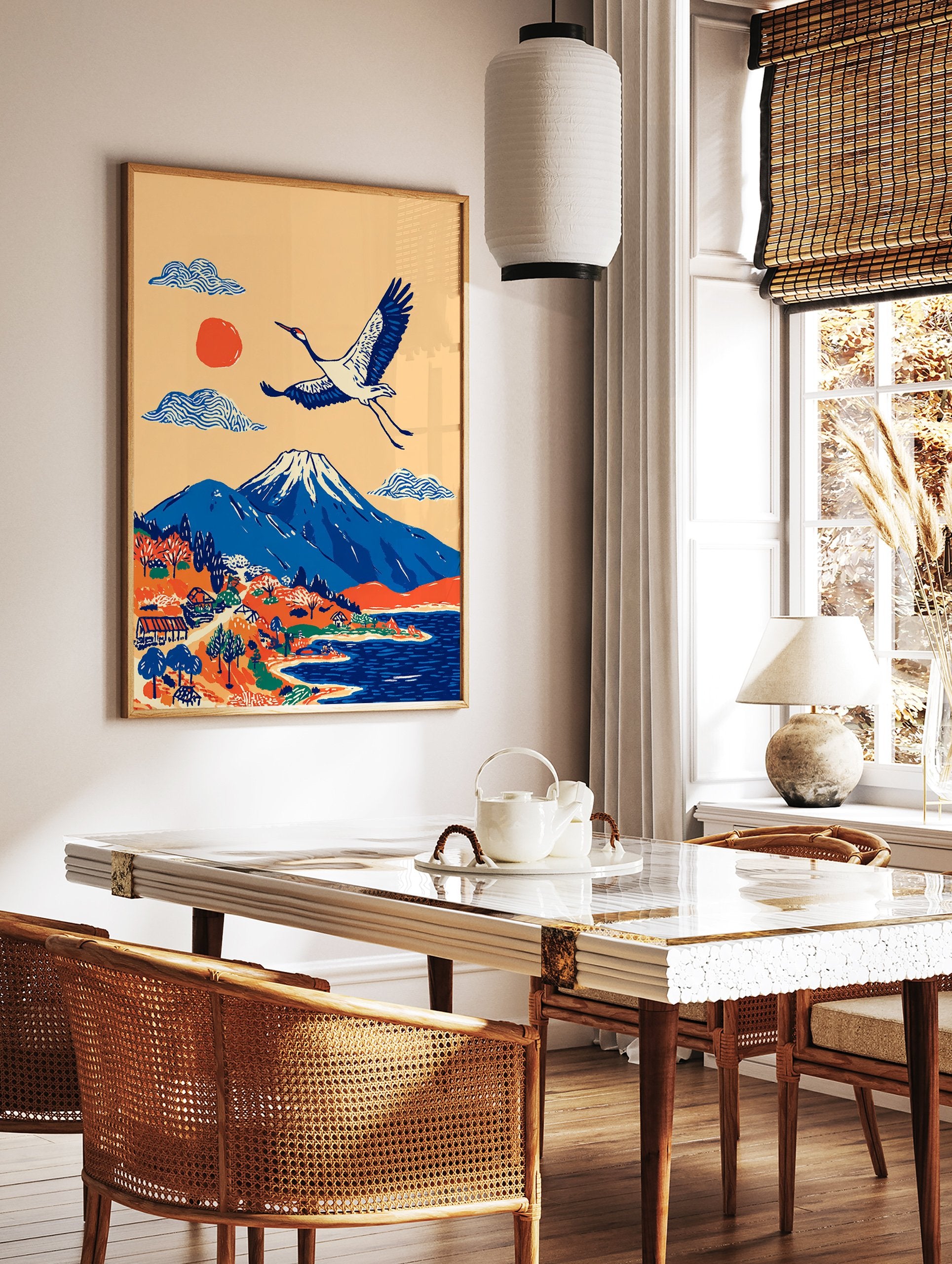 Japanese wall art print of Mount Fuji, a red-crowned crane flying over a village, lake, and stylized clouds. - Image 2