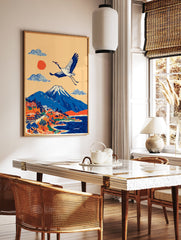 Japanese wall art print of Mount Fuji, a red-crowned crane flying over a village, lake, and stylized clouds. - Image 2