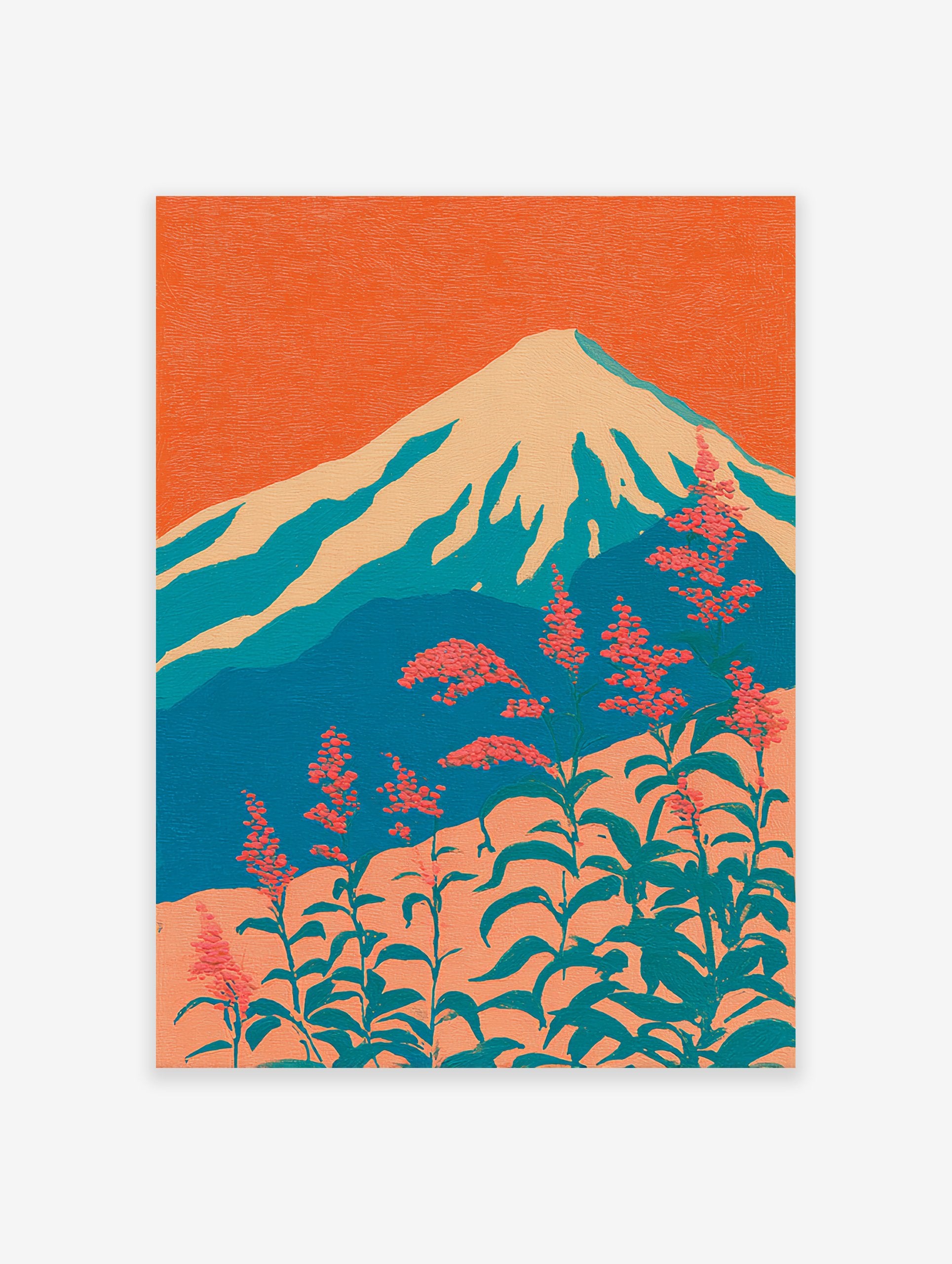 Stylized Japanese wall art depicting Mount Fuji with snow-capped peaks and vibrant coral flowers against an orange sky.