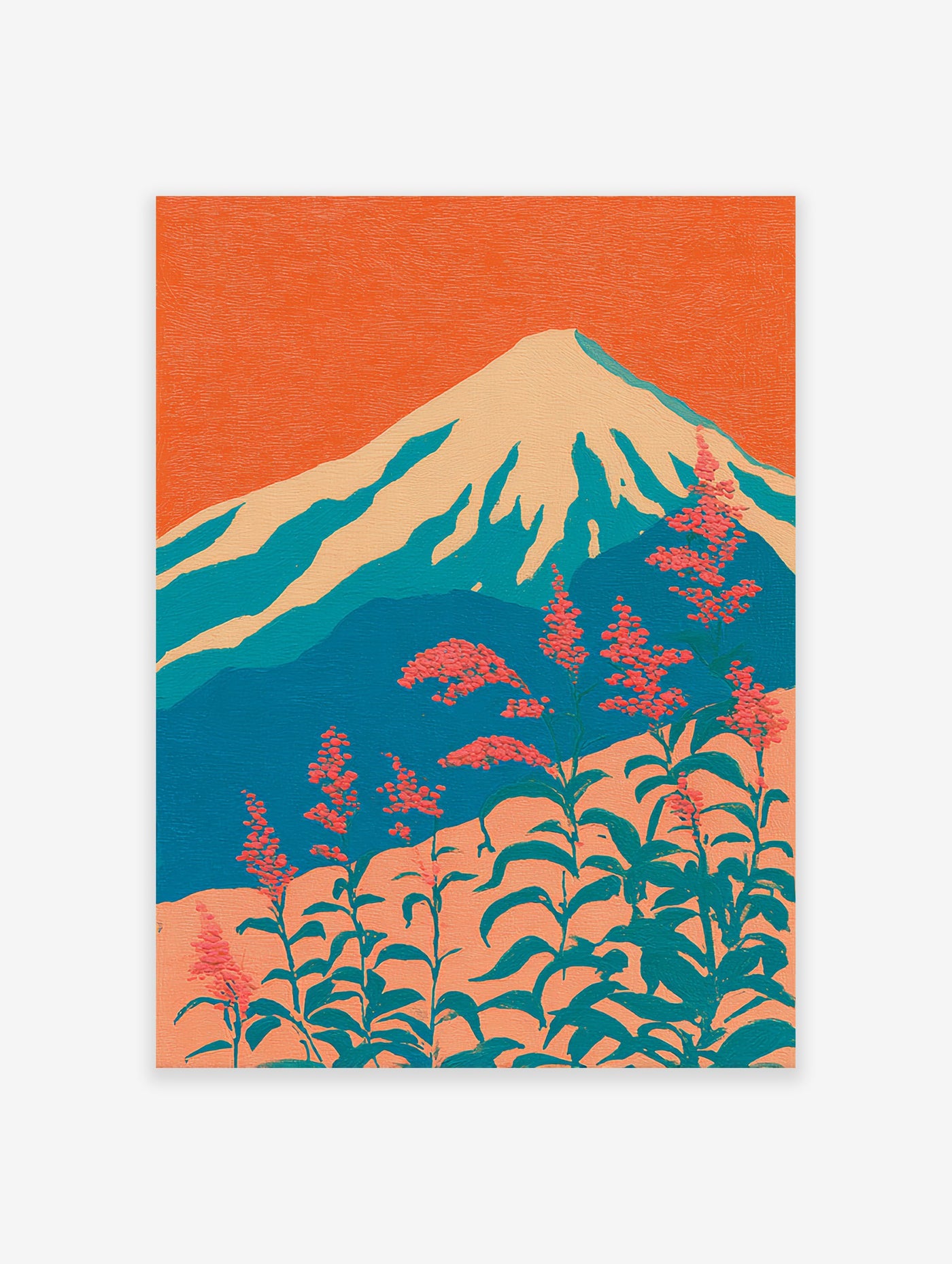 Stylized Japanese wall art depicting Mount Fuji with snow-capped peaks and vibrant coral flowers against an orange sky.