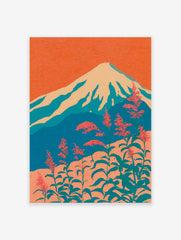 Stylized Japanese wall art depicting Mount Fuji with snow-capped peaks and vibrant coral flowers against an orange sky.
