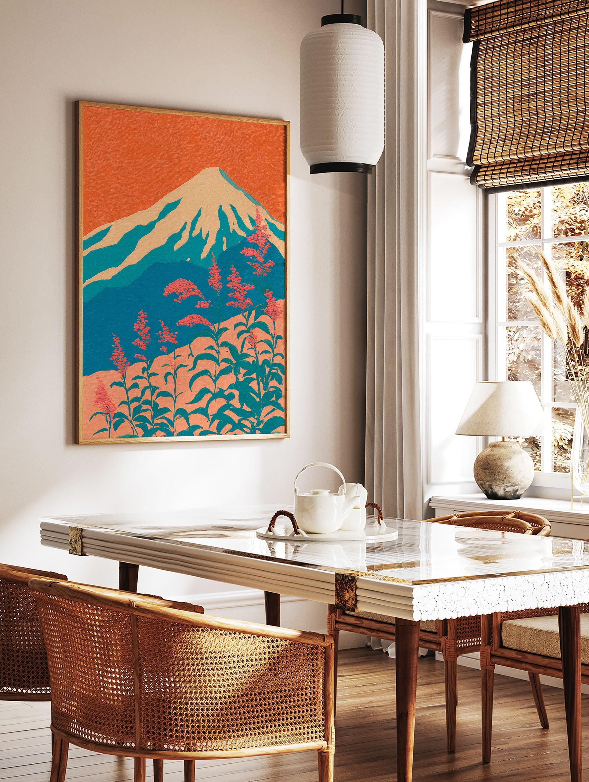 Stylized Japanese wall art depicting Mount Fuji with snow-capped peaks and vibrant coral flowers against an orange sky. - Image 2