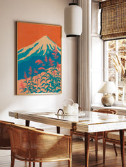 Stylized Japanese wall art depicting Mount Fuji with snow-capped peaks and vibrant coral flowers against an orange sky. - Image 2