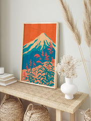 Stylized Japanese wall art depicting Mount Fuji with snow-capped peaks and vibrant coral flowers against an orange sky. - Image 3
