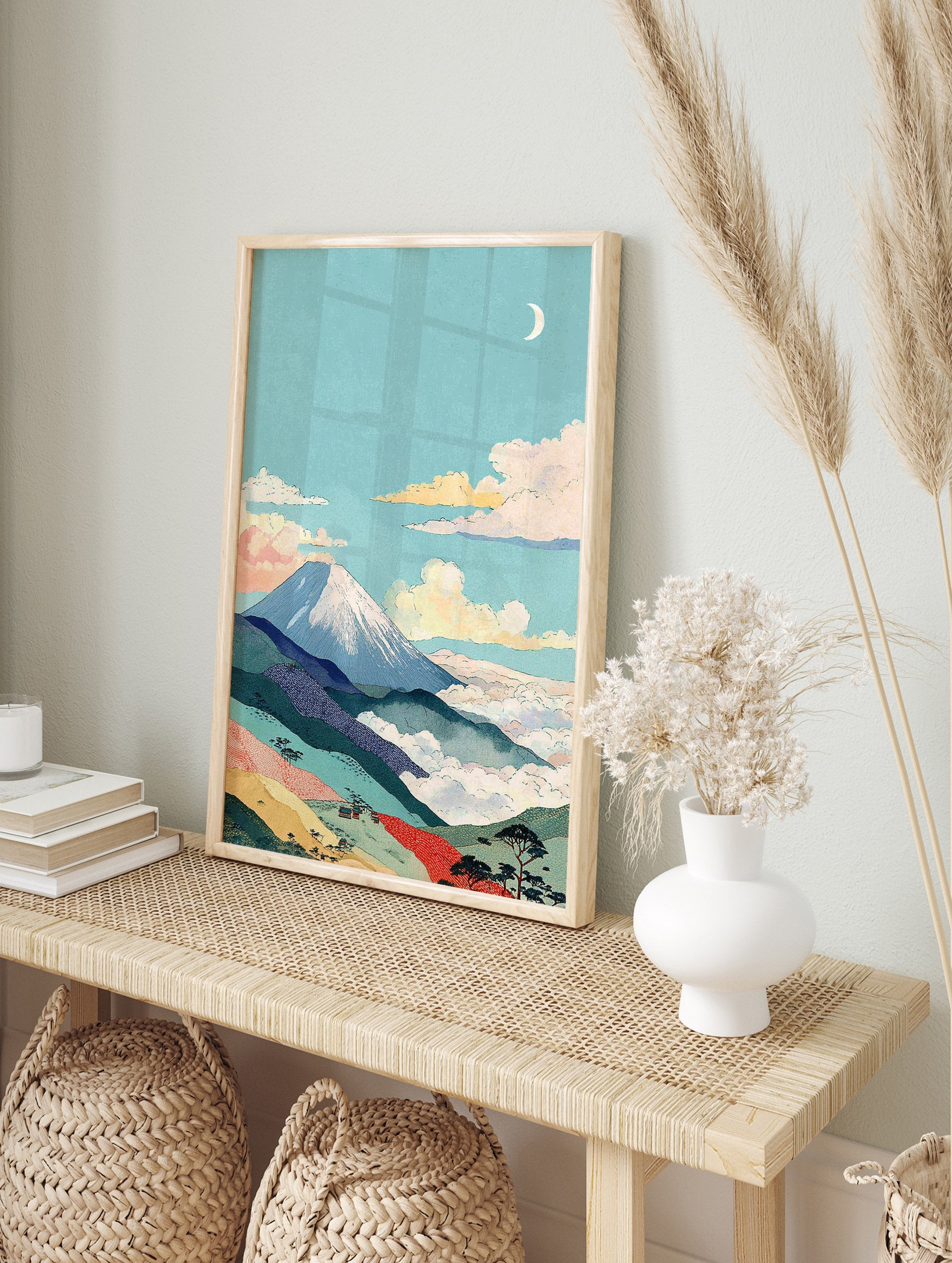 Japanese wall art print depicting Mount Fuji with a snow-capped peak, clouds, moon, and colorful layered landscape. - Image 3