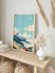 Japanese wall art print depicting Mount Fuji with a snow-capped peak, clouds, moon, and colorful layered landscape. - Image 3
