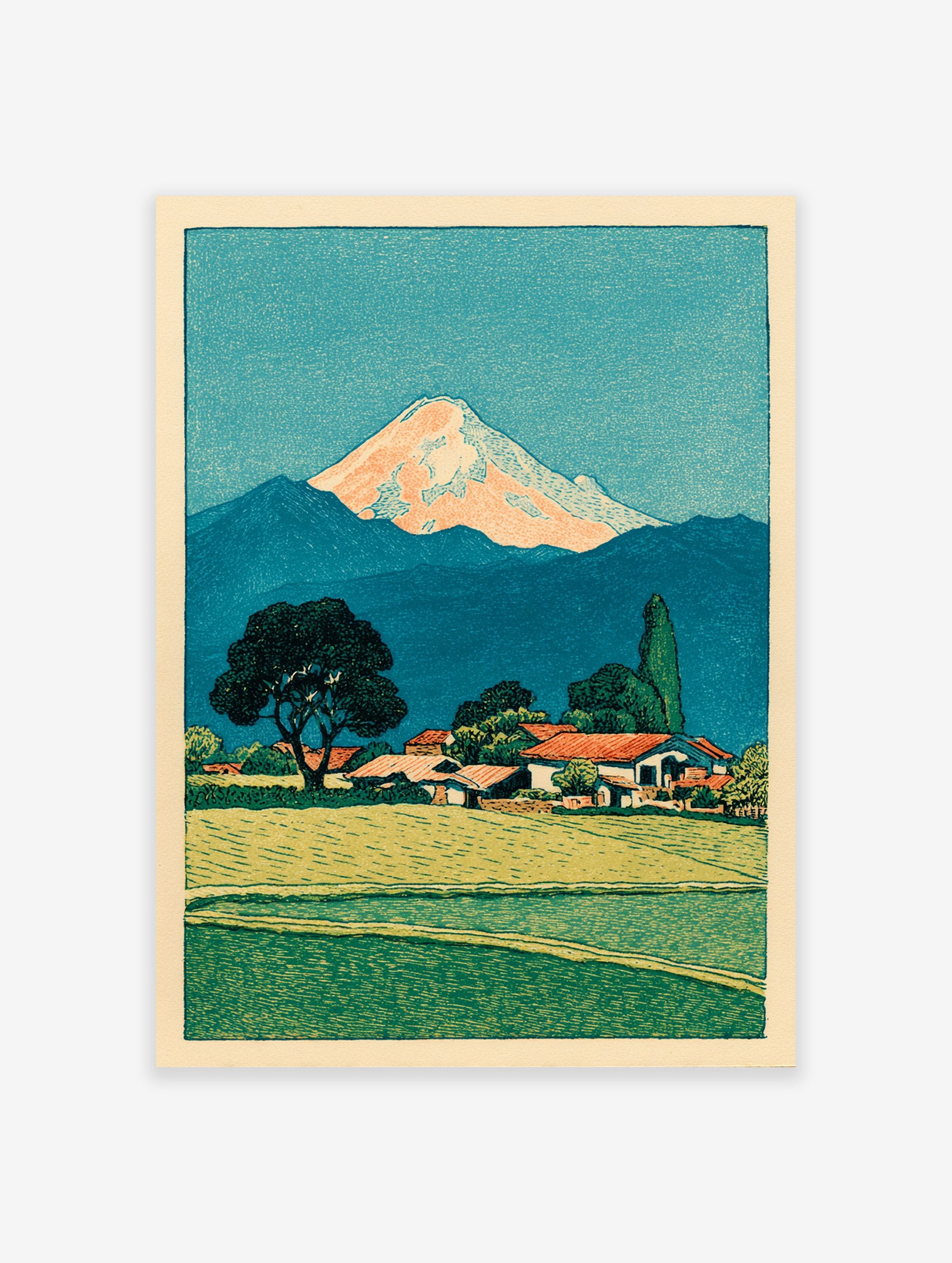 Japanese woodblock print of Mount Fuji over a village with green fields and a large tree in the foreground.
