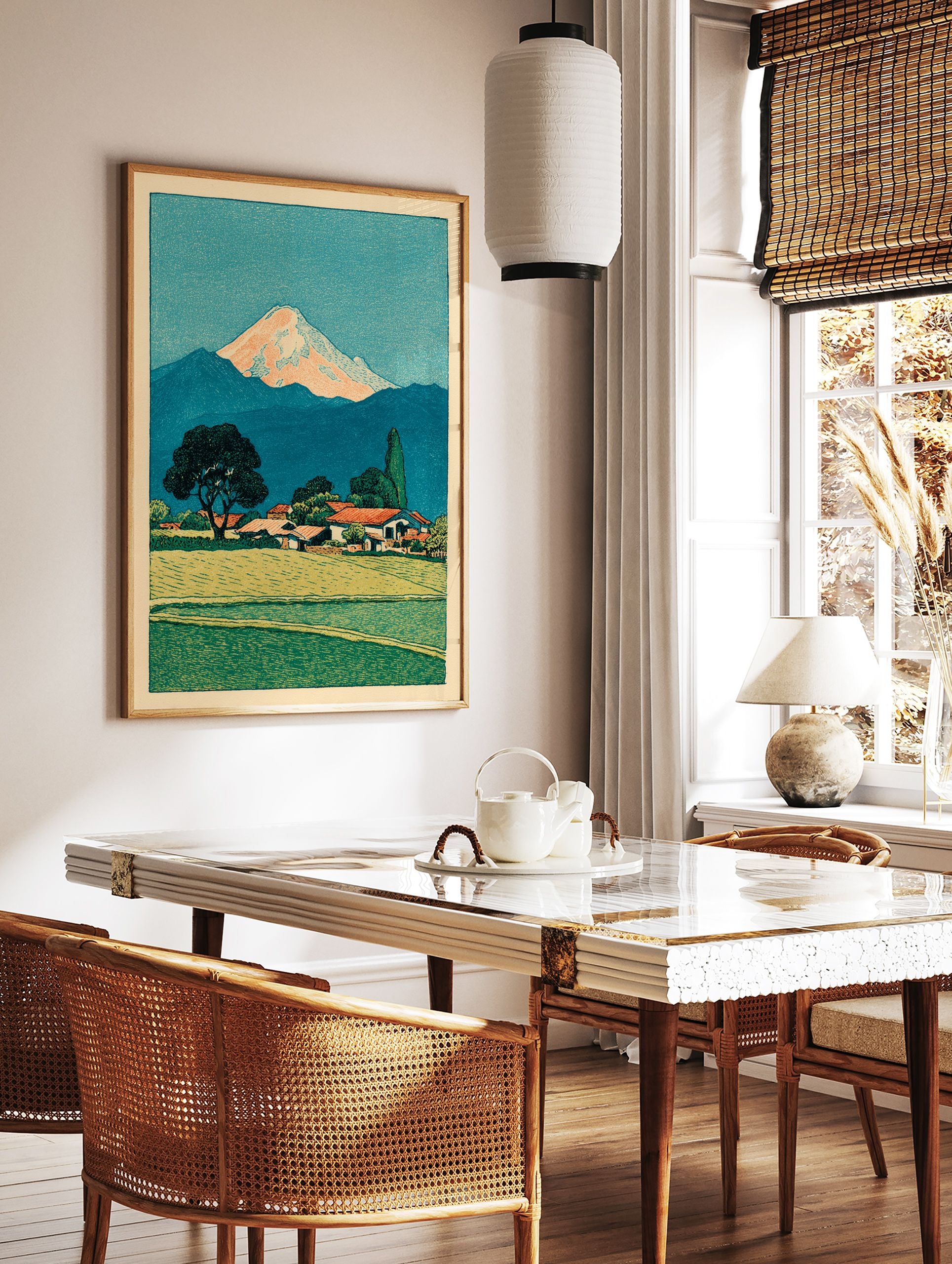 Japanese woodblock print of Mount Fuji over a village with green fields and a large tree in the foreground. - Image 2