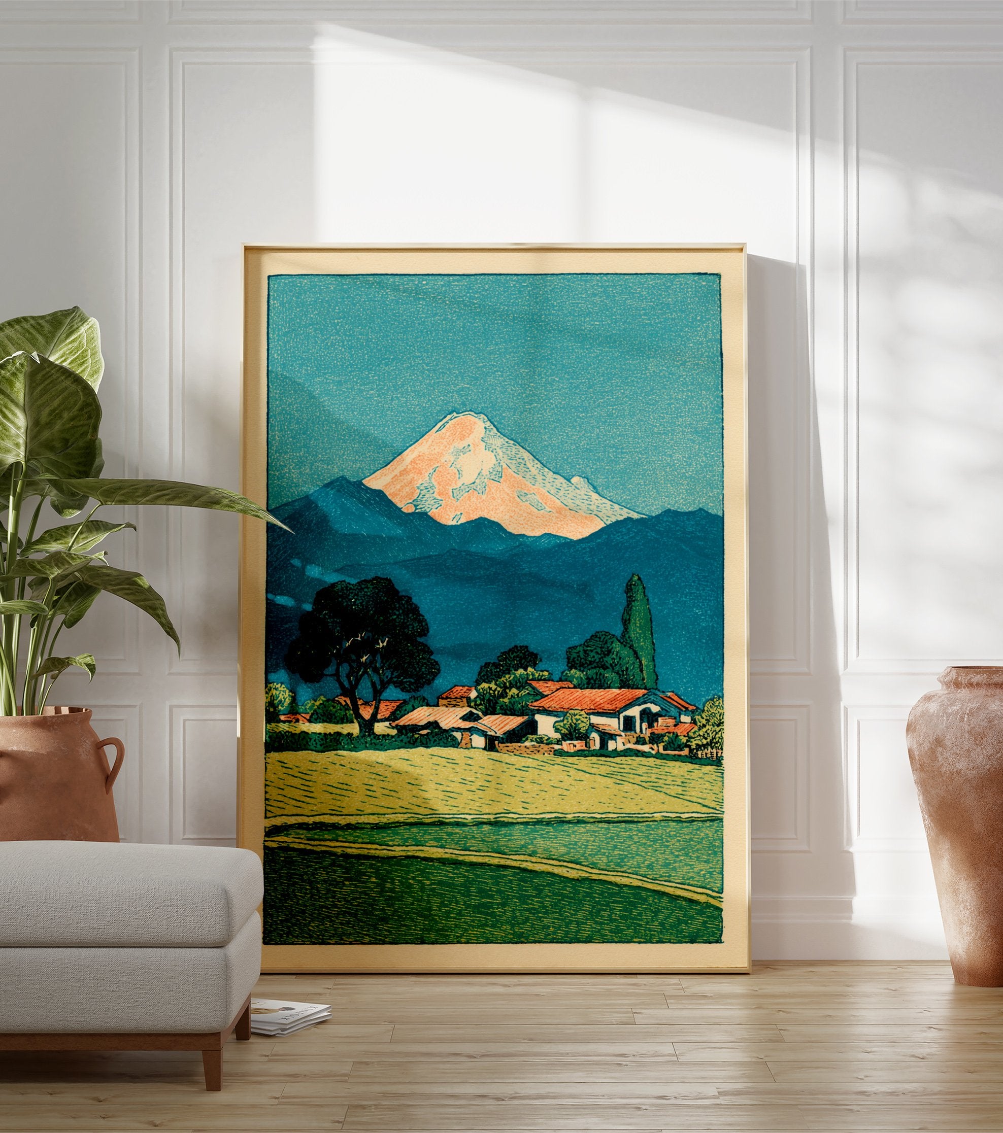 Japanese woodblock print of Mount Fuji over a village with green fields and a large tree in the foreground. - Image 3