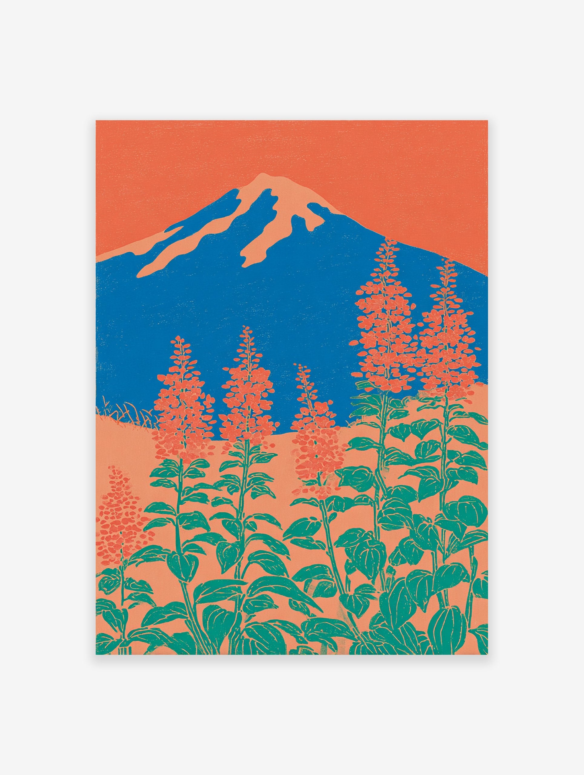 Japanese wall art print of Mount Fuji, blue mountain, orange sky, and red-orange botanical flowers with green leaves.