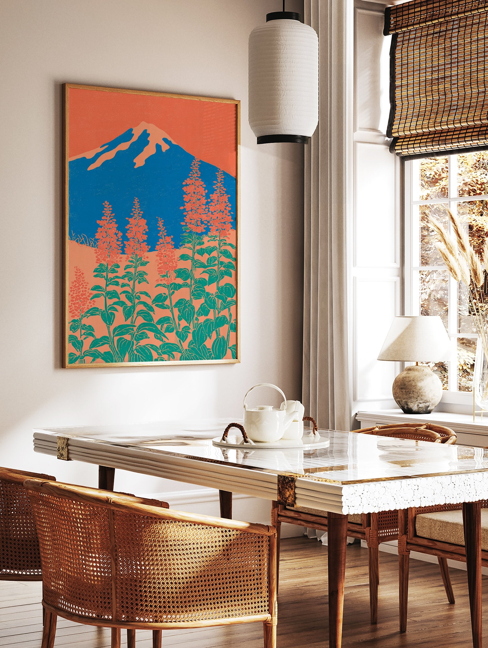 Japanese wall art print of Mount Fuji, blue mountain, orange sky, and red-orange botanical flowers with green leaves. - Image 2