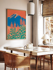 Japanese wall art print of Mount Fuji, blue mountain, orange sky, and red-orange botanical flowers with green leaves. - Image 2
